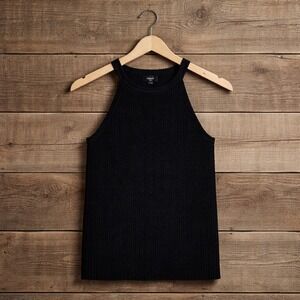 Theory Knit Tank Top Womens P Black Ribbed High Neck Halter‎ Minimalist Chic